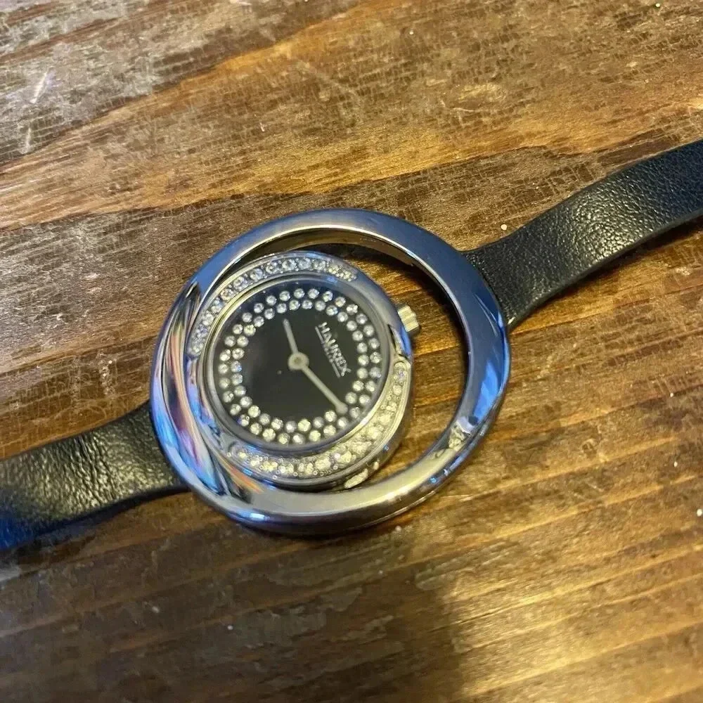 Haurex Italy Lady Watch Original Watch Not Working Silver Crystal Black Leather